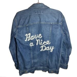 Oversized Denim Jacket with Embroidered Text women size Small